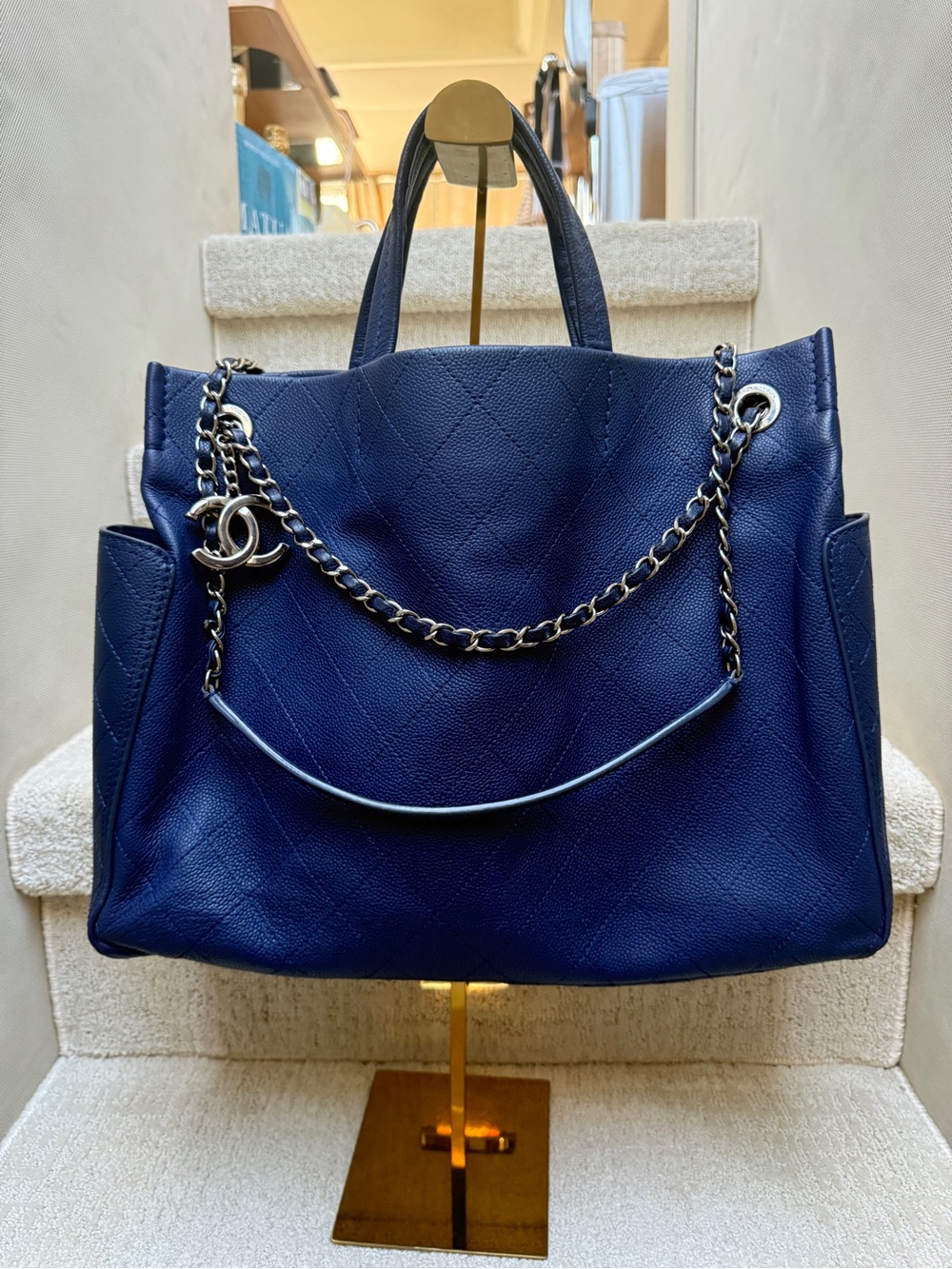 Chanel bright blue caviar Leather Tote with Chain Strap and top handles